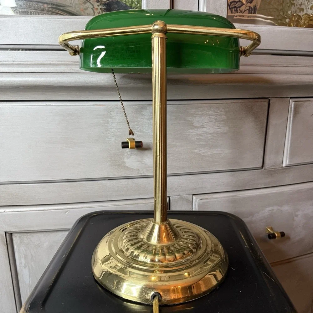 Vintage Bankers Desk Lamp Emerald Green Glass Shade and Column Underwriters Lab